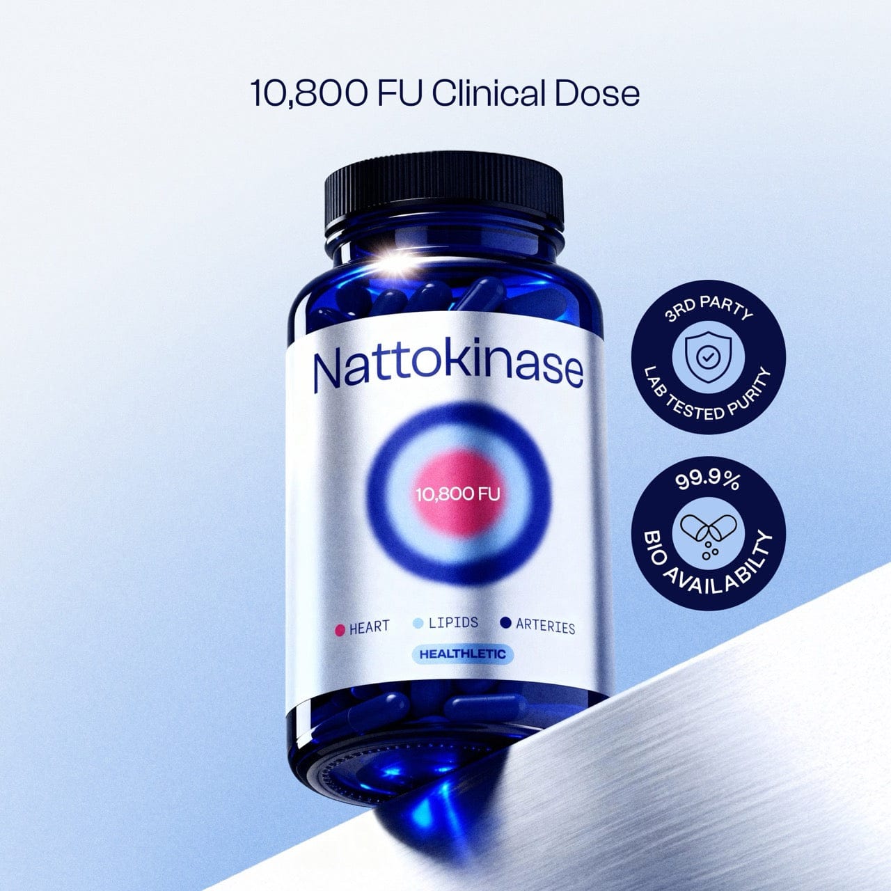 Healthletic Ultimate Nattokinase bottle with 10,800 FU delayed-release capsules