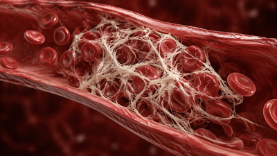 Medical render inside a blood vessel: a pale fibrin mesh network catching and holding passing red blood cells.