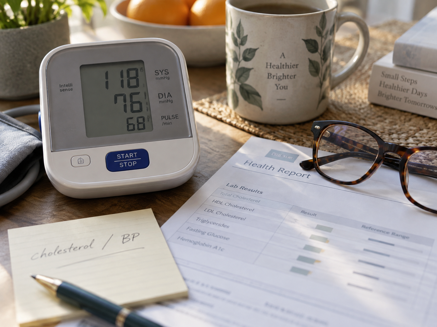A home blood pressure monitor showing 118 over 76 beside a printed lab report, reading glasses, a coffee mug and a note reading cholesterol slash BP.