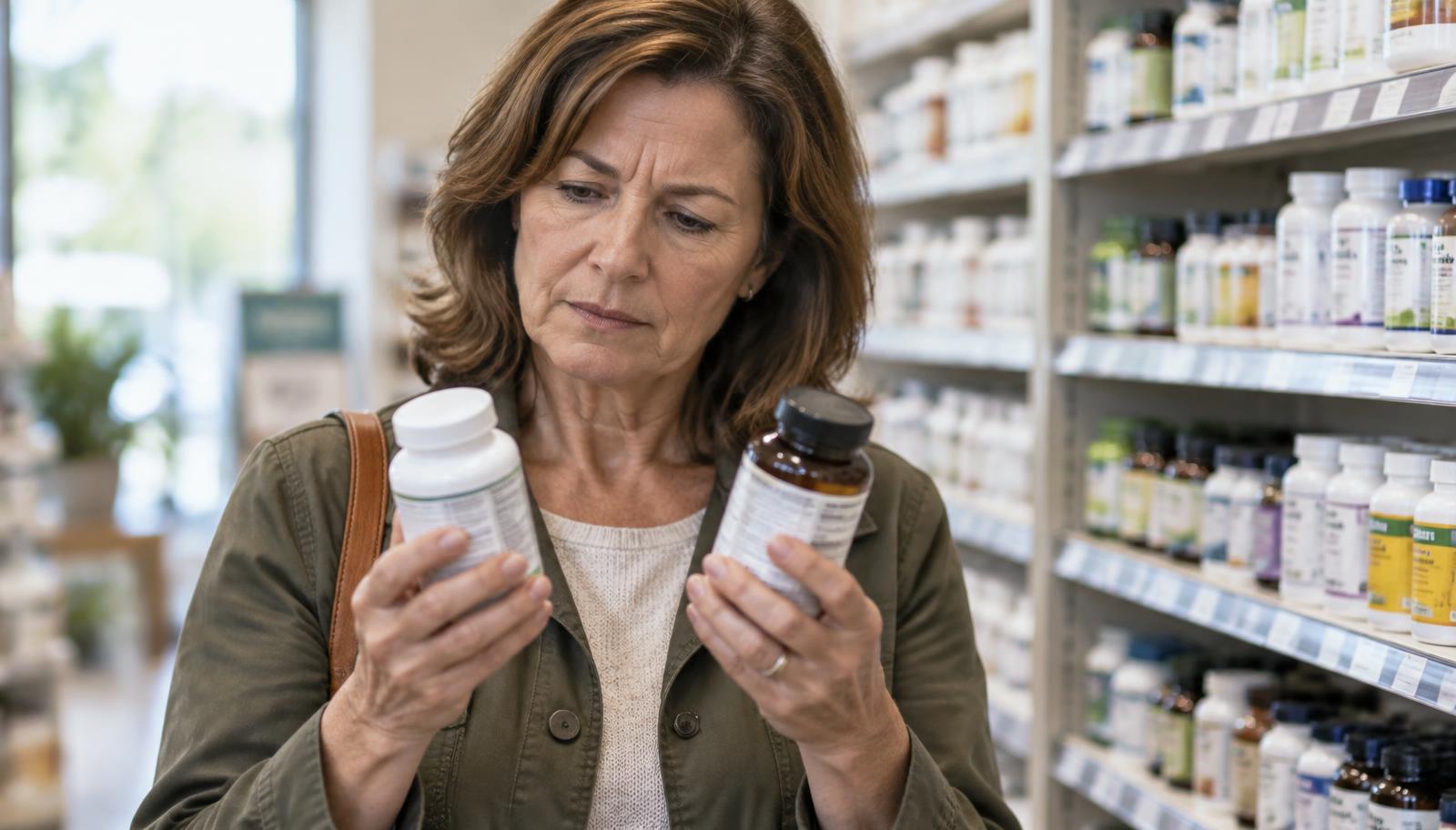 A woman in a supplement aisle holding two different bottles side by side and comparing the small print on their labels.