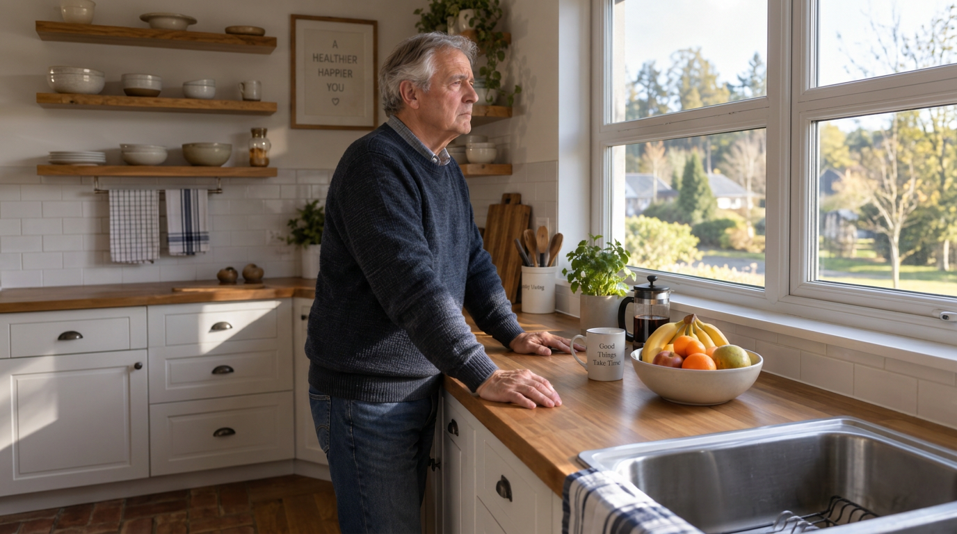 A man in his sixties leaning on a kitchen counter, looking out of the window with a thoughtful expression.