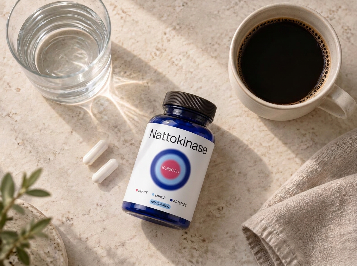 Overhead view of a glass of water, two capsules, a plain white supplement bottle and a cup of coffee on a light stone counter.