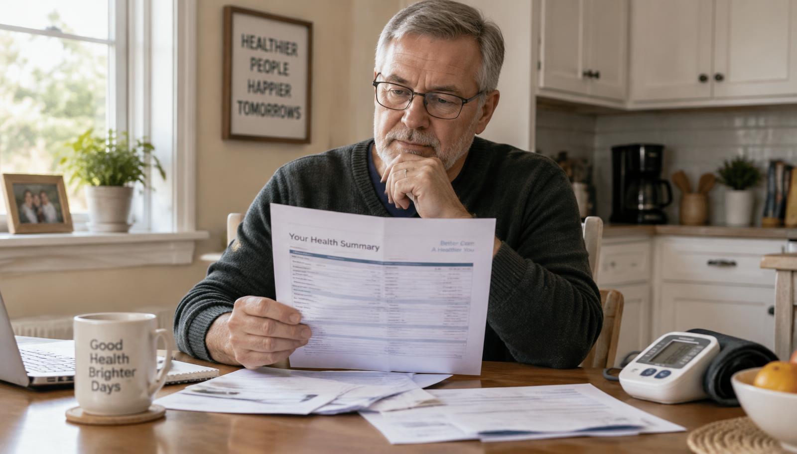 A man in his sixties at his kitchen table reviewing health paperwork, with a home blood-pressure monitor on the table.