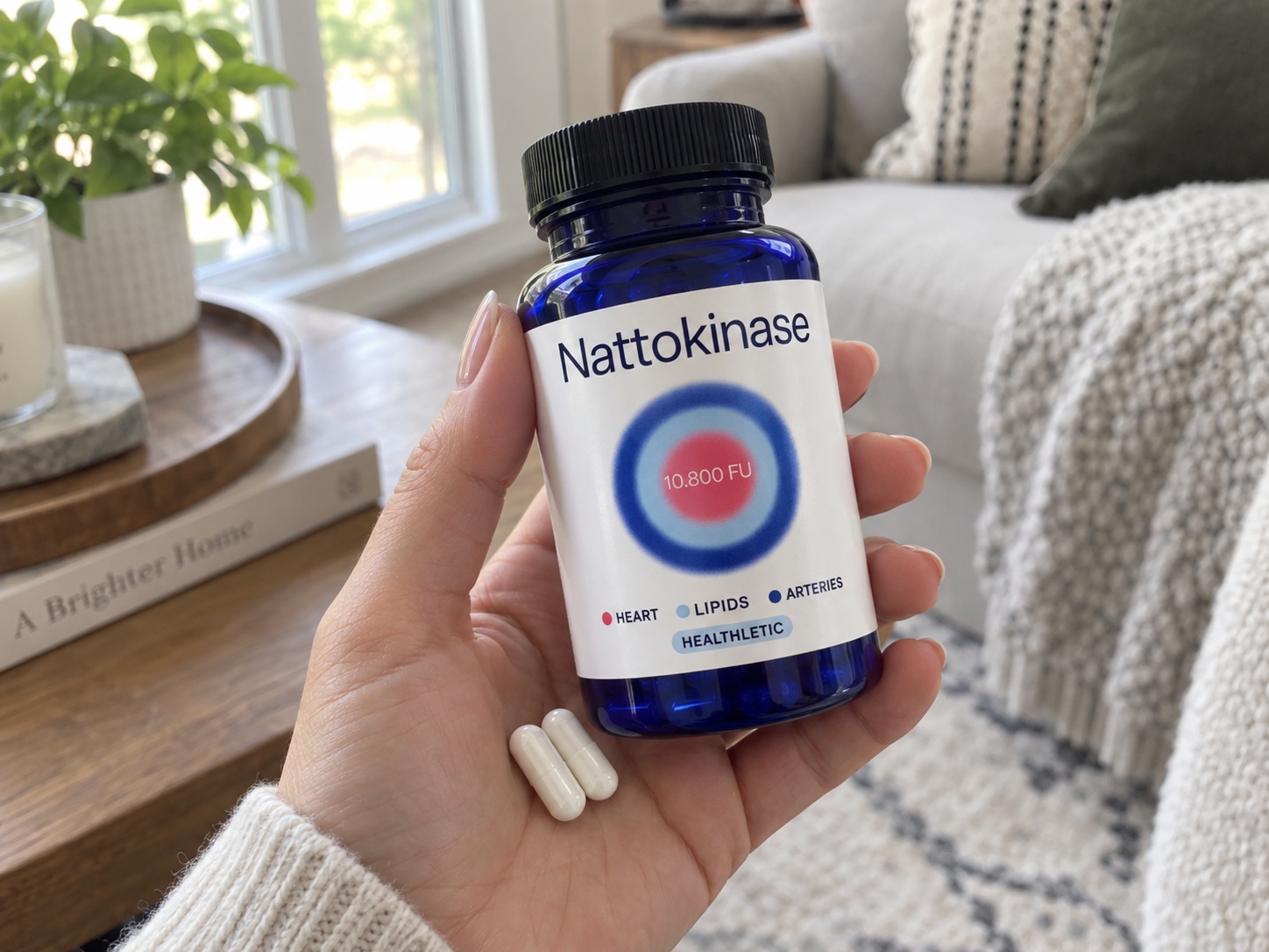 A woman holding the Healthletic Nattokinase bottle in one hand with two capsules resting in her open palm, in a bright living room.
