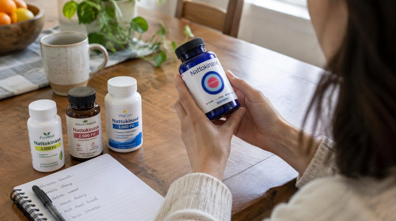 Hands holding the blue Healthletic Nattokinase bottle and reading its label at a kitchen table, with three other nattokinase bottles beside a notebook.