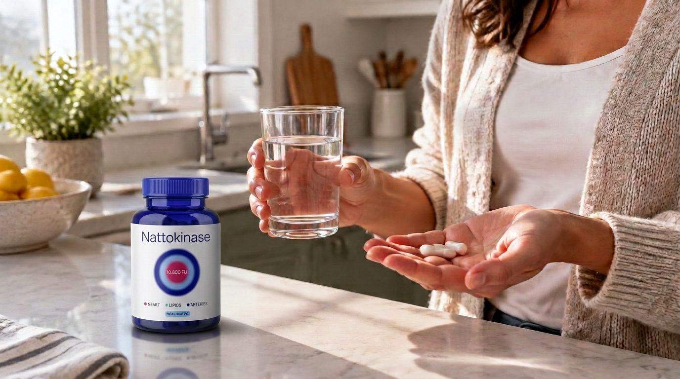 A morning kitchen counter with a hand holding a glass of water and two capsules resting in the other palm beside a plain white bottle.