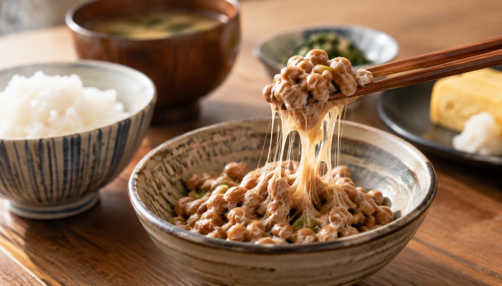 Traditional Japanese natto in a ceramic bowl, sticky strands stretching from chopsticks, alongside rice and miso soup.