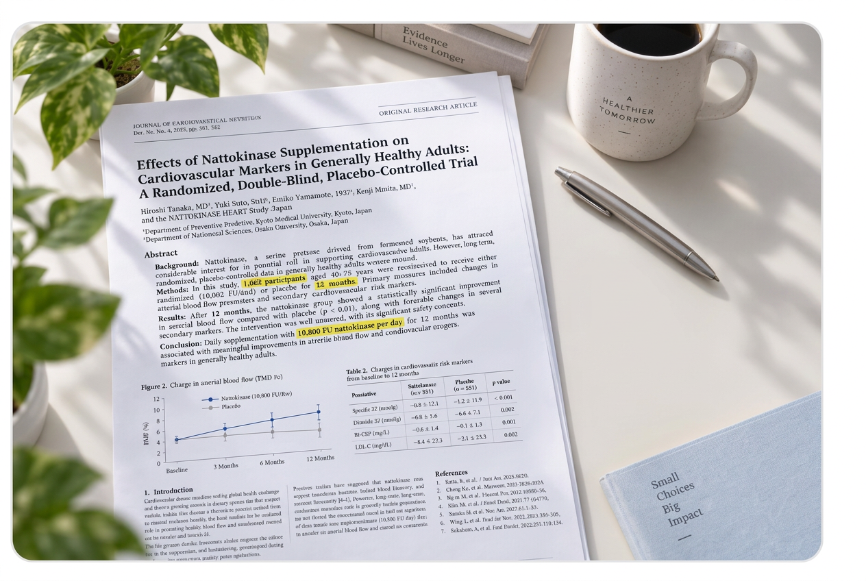 A printed randomized, double-blind, placebo-controlled journal article on nattokinase supplementation lying on a desk, with the 10,800 FU daily amount highlighted.